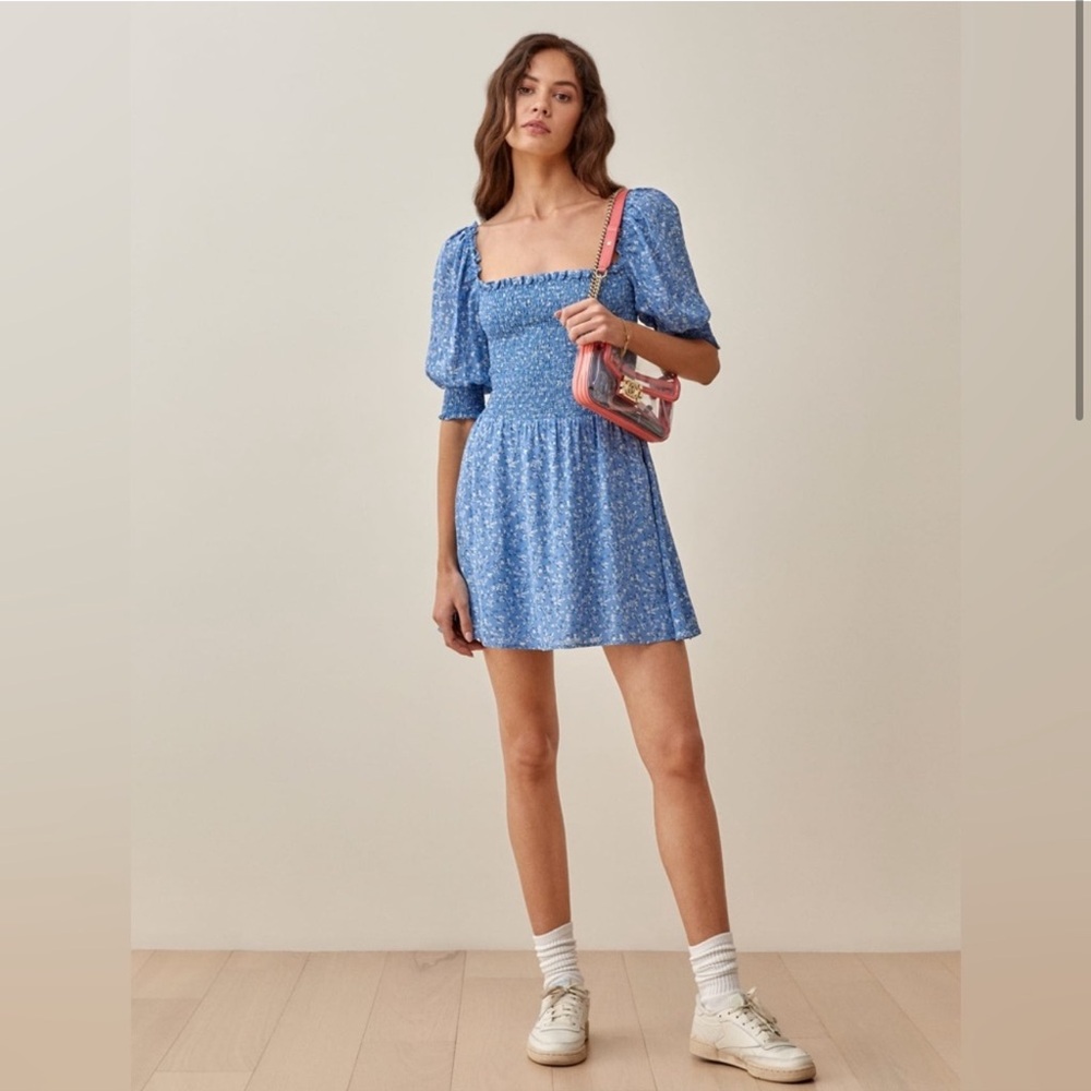 Reformation Blue Smocked Square Neck Mini Dress